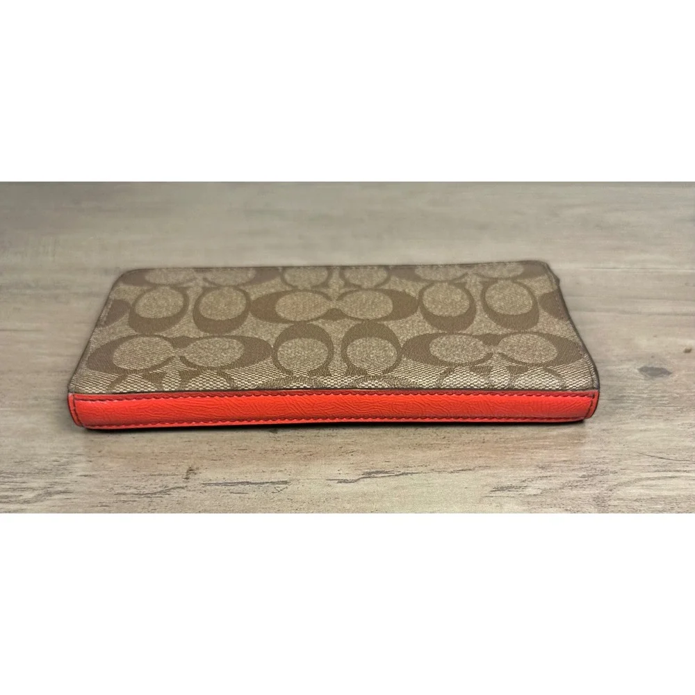 COACH Peyton SIGNATURE C Khaki Pink Salmon Trim ACCORDION ‎ Zipper WALLET CLUTCH